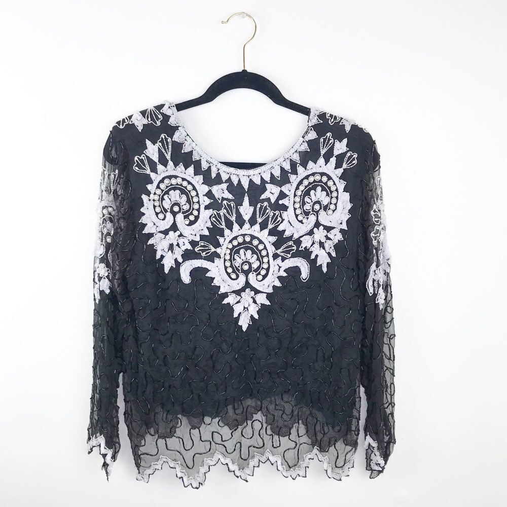 Vintage sequin beaded silk blouse‎